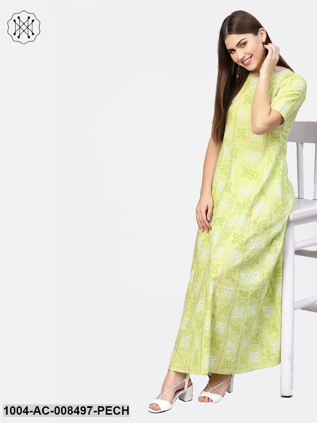 Peach Printed 3/4Th Sleeve Rayon Maxi Dress