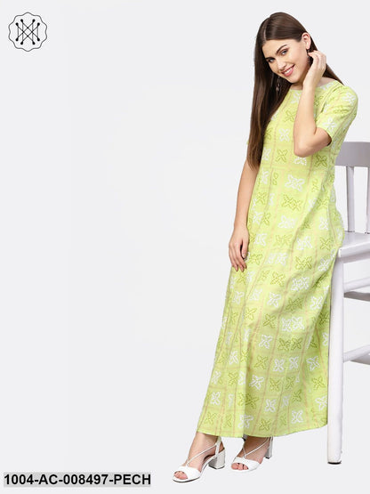 Peach Printed 3/4Th Sleeve Rayon Maxi Dress