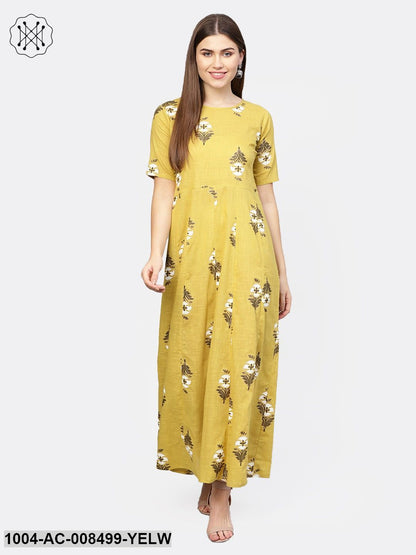 Yellow Printed Half Sleeve Cotton Maxi Dress