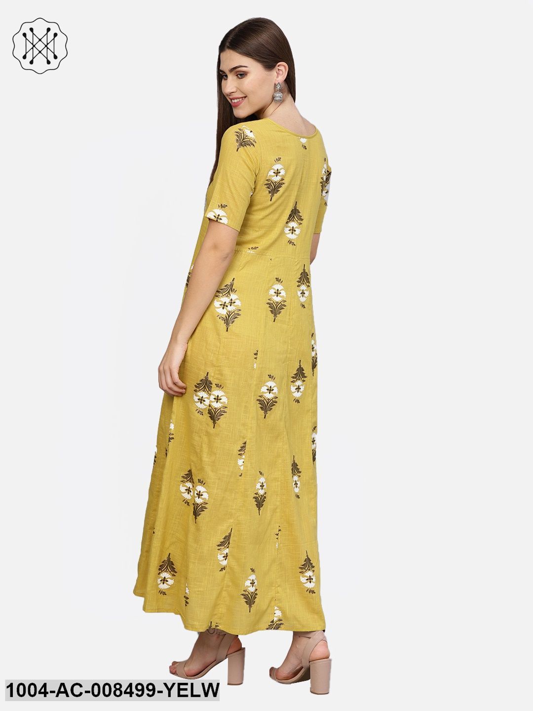 Yellow Printed Half Sleeve Cotton Maxi Dress