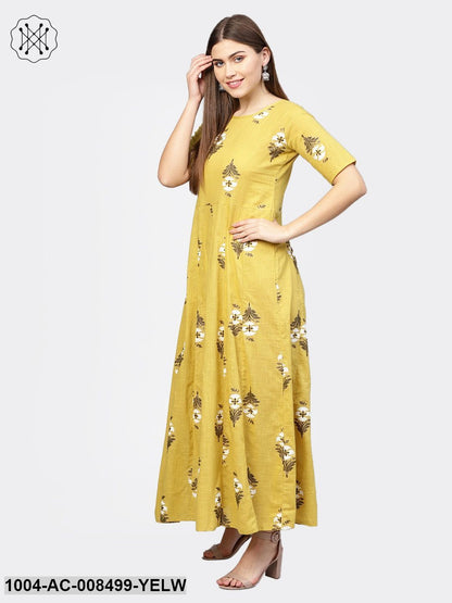 Yellow Printed Half Sleeve Cotton Maxi Dress