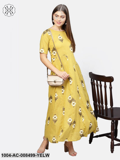 Yellow Printed Half Sleeve Cotton Maxi Dress