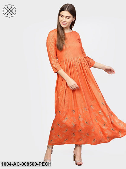 Peach Printed 3/4Th Sleeve Rayon Maxi Dress With Border Design