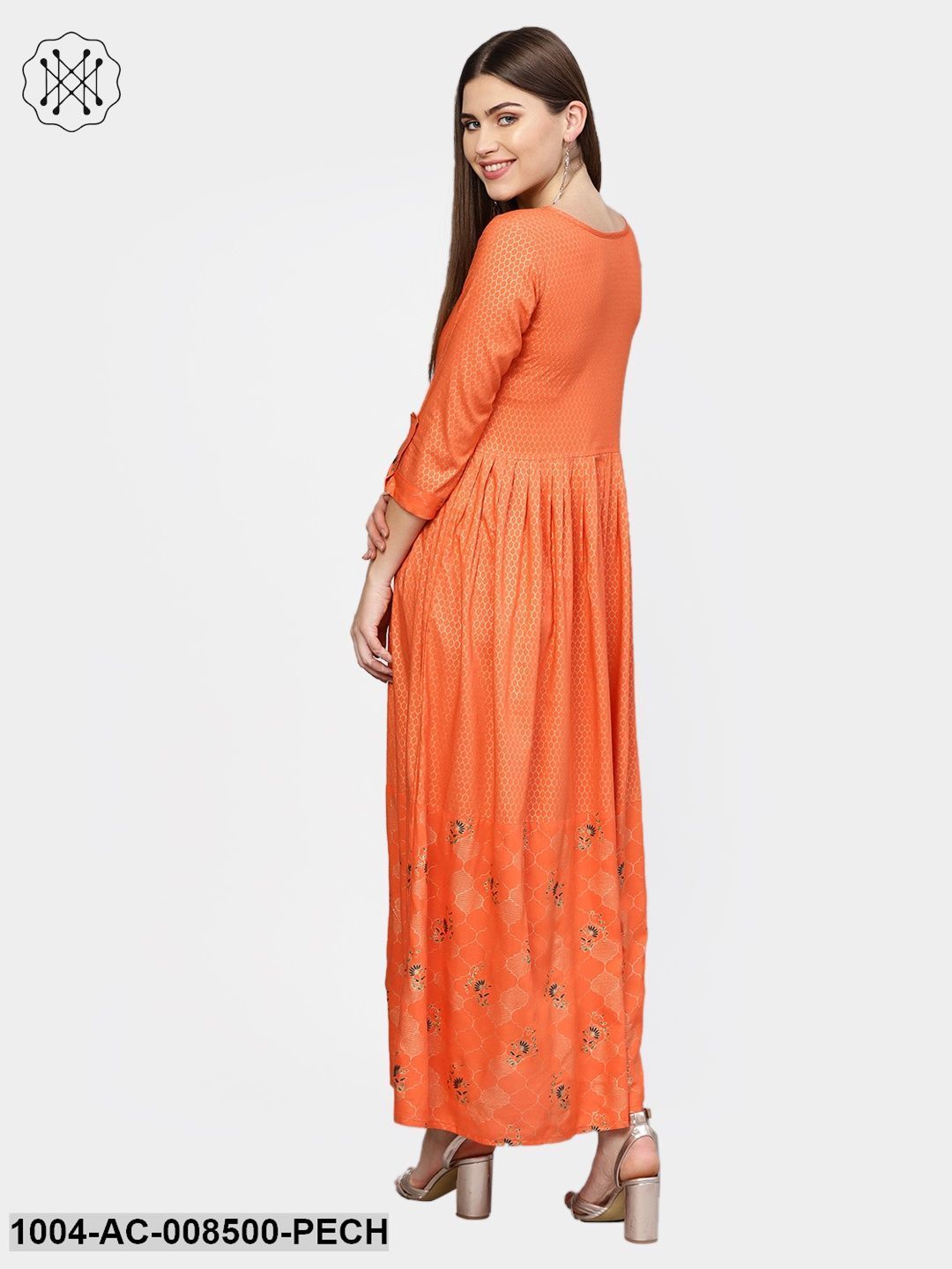 Peach Printed 3/4Th Sleeve Rayon Maxi Dress With Border Design