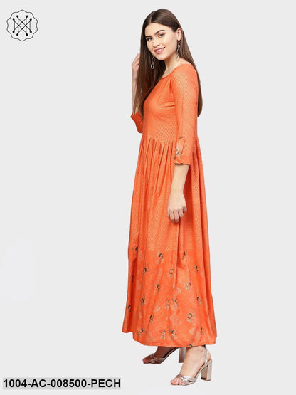 Peach Printed 3/4Th Sleeve Rayon Maxi Dress With Border Design