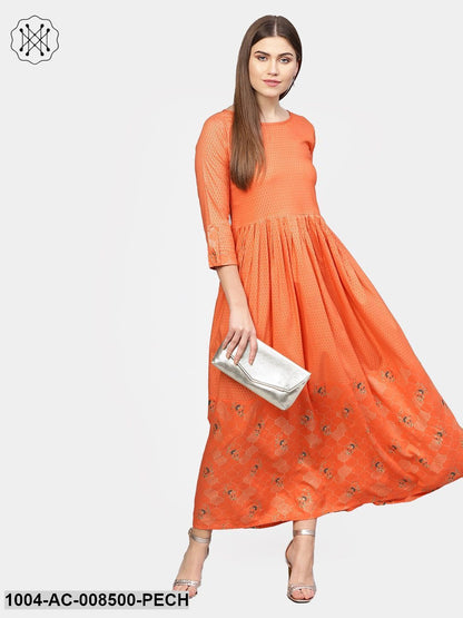 Peach Printed 3/4Th Sleeve Rayon Maxi Dress With Border Design