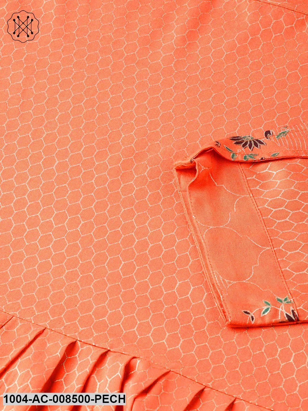 Peach Printed 3/4Th Sleeve Rayon Maxi Dress With Border Design