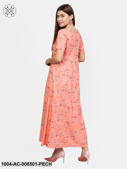 Peach Printed Half Sleeve Cotton Maxi Dress