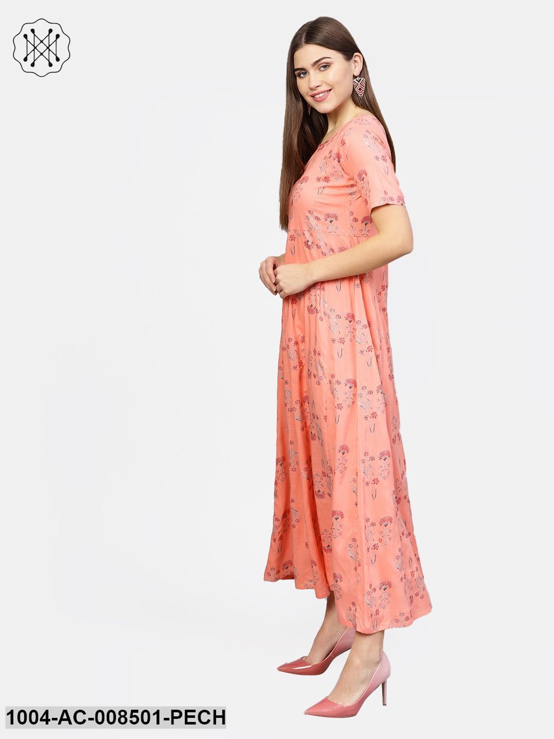 Peach Printed Half Sleeve Cotton Maxi Dress