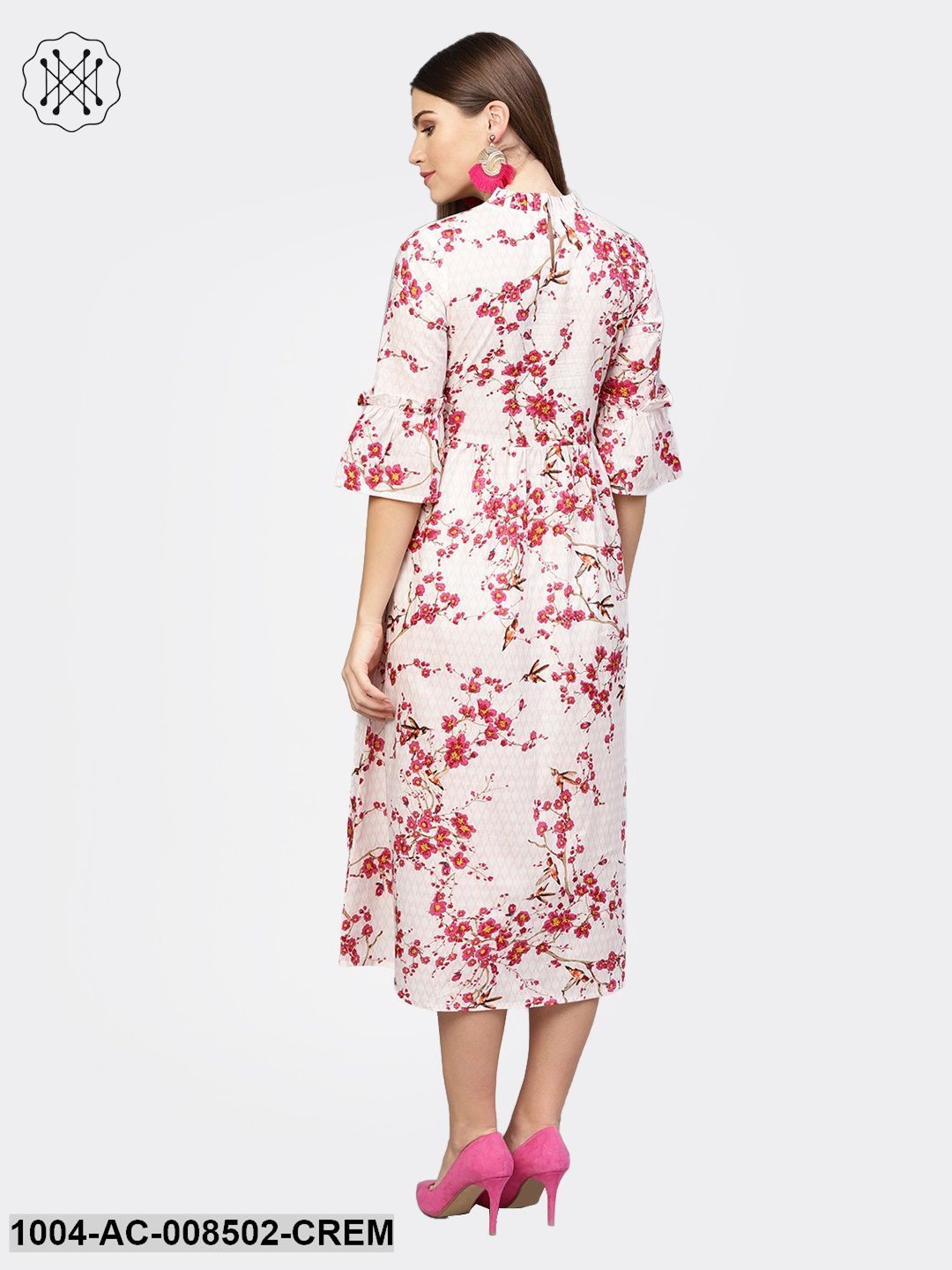Cream And Red Printed 3/4Th Sleeve Cotton Maxi Dress