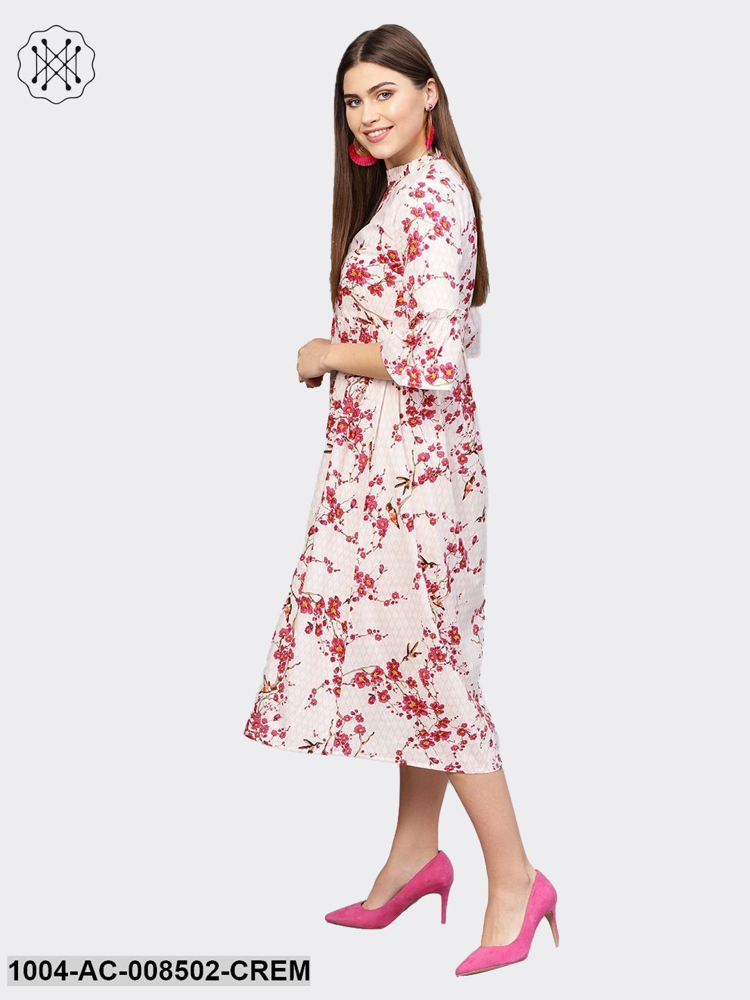 Cream And Red Printed 3/4Th Sleeve Cotton Maxi Dress