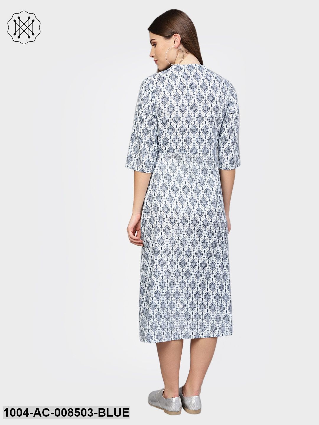 Blue Printed 3/4Th Sleeve Cotton A-Line Dress