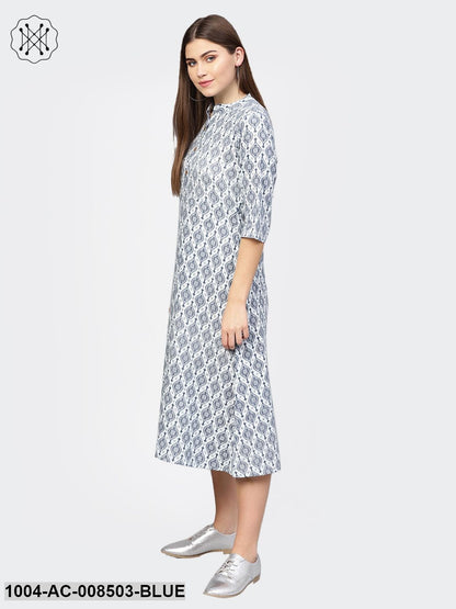 Blue Printed 3/4Th Sleeve Cotton A-Line Dress