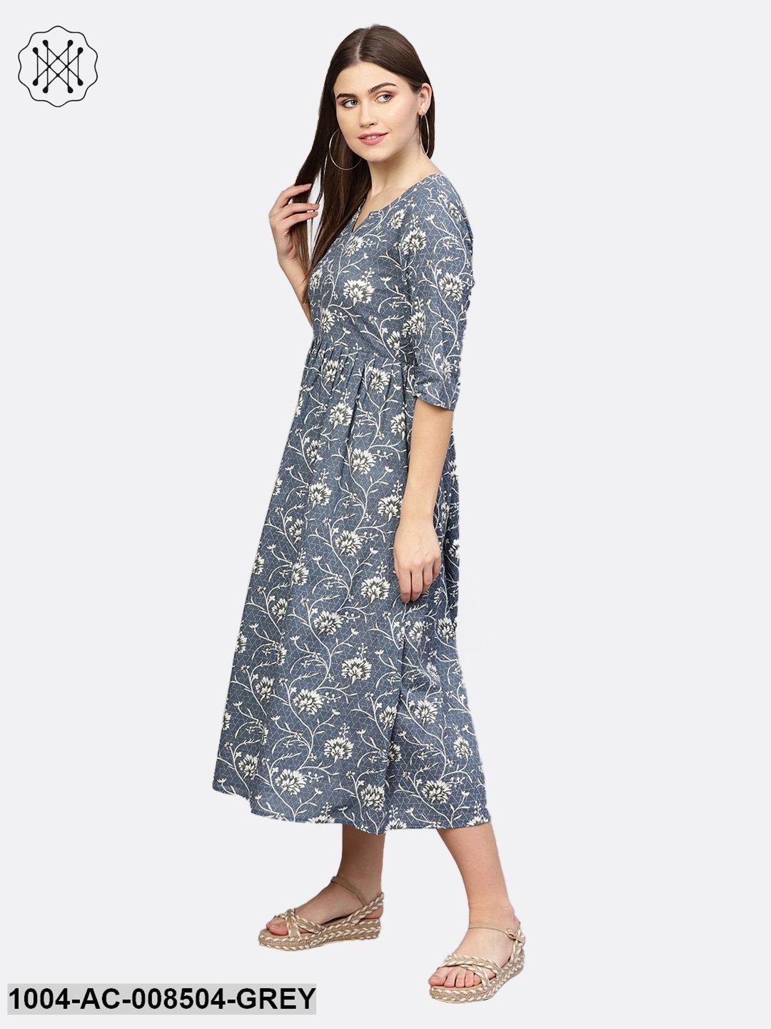 Grey Printed Half Sleeve Cotton Maxi Dress