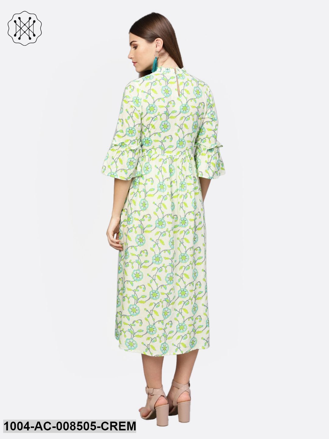 Cream And Green 3/4Th Sleeve Cotton Maxi Dress
