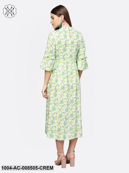 Cream And Green 3/4Th Sleeve Cotton Maxi Dress