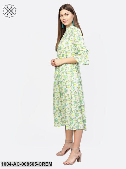 Cream And Green 3/4Th Sleeve Cotton Maxi Dress