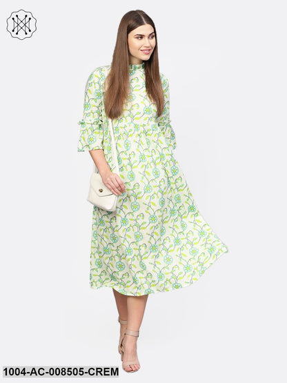 Cream And Green 3/4Th Sleeve Cotton Maxi Dress