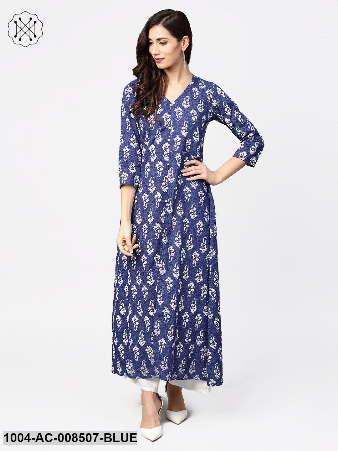 Blue Printed 3/4Th Sleeve Cotton Maxi Dress