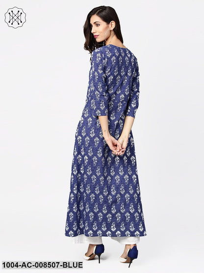 Blue Printed 3/4Th Sleeve Cotton Maxi Dress