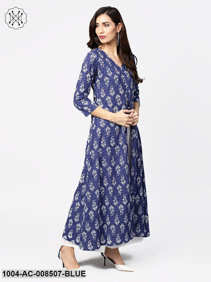 Blue Printed 3/4Th Sleeve Cotton Maxi Dress