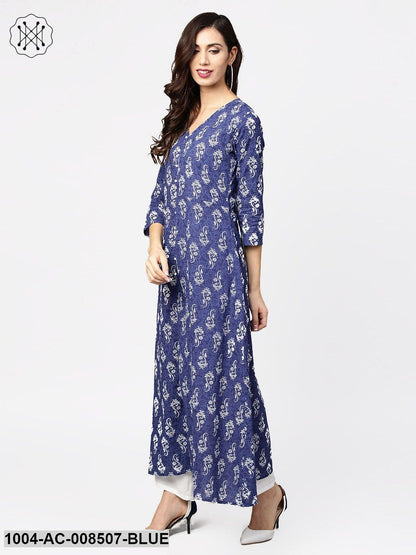 Blue Printed 3/4Th Sleeve Cotton Maxi Dress