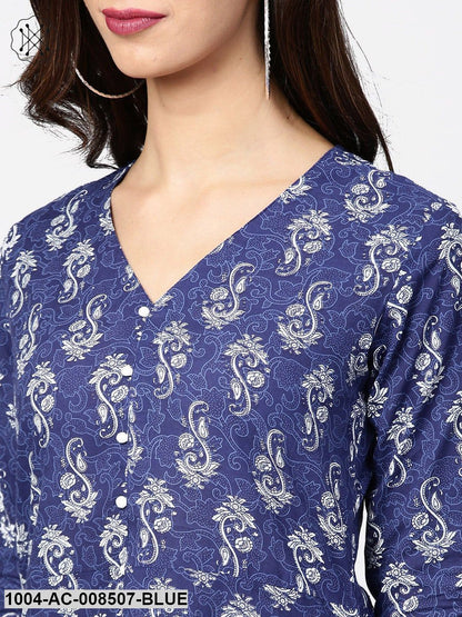 Blue Printed 3/4Th Sleeve Cotton Maxi Dress