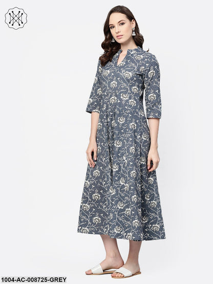 Grey & Off-white Floral Printed Maxi dress with Mandarin Collar & 3/4 sleeves