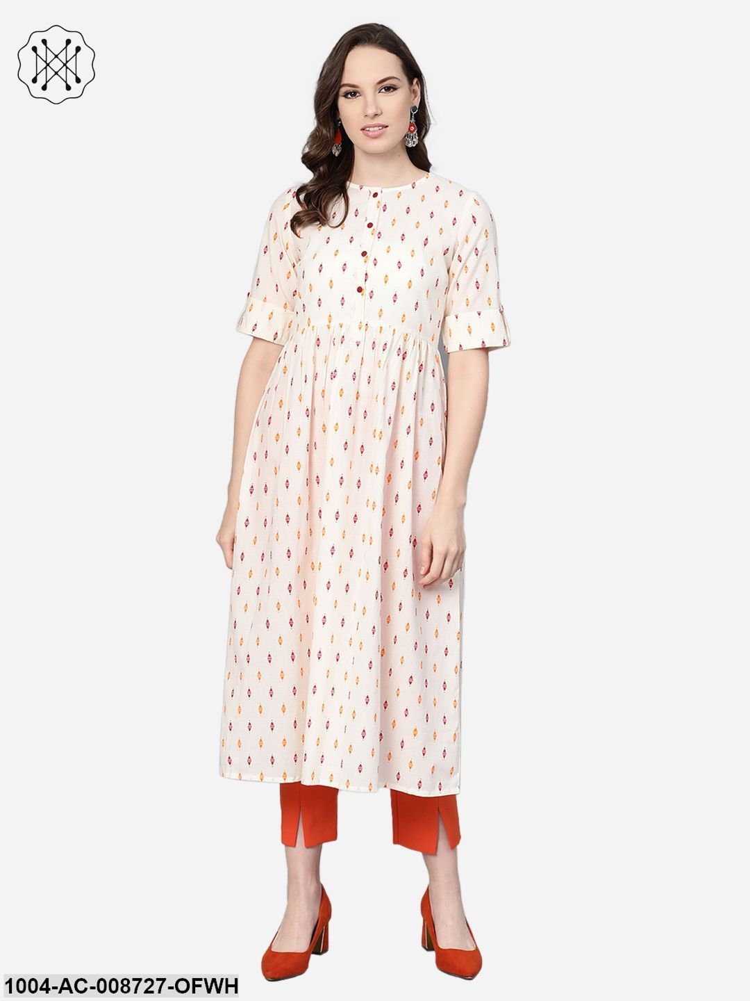 Off-white Multi coloured Geometric Printed Maxi dress with Front Placket & Half sleeves