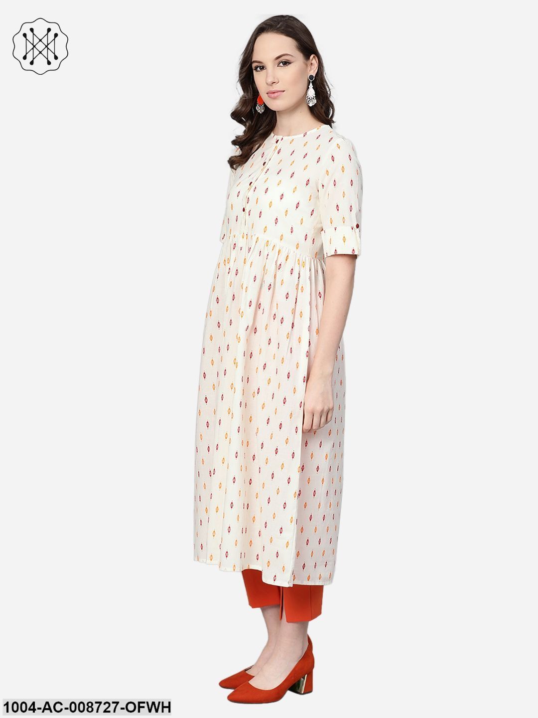 Off-white Multi coloured Geometric Printed Maxi dress with Front Placket & Half sleeves