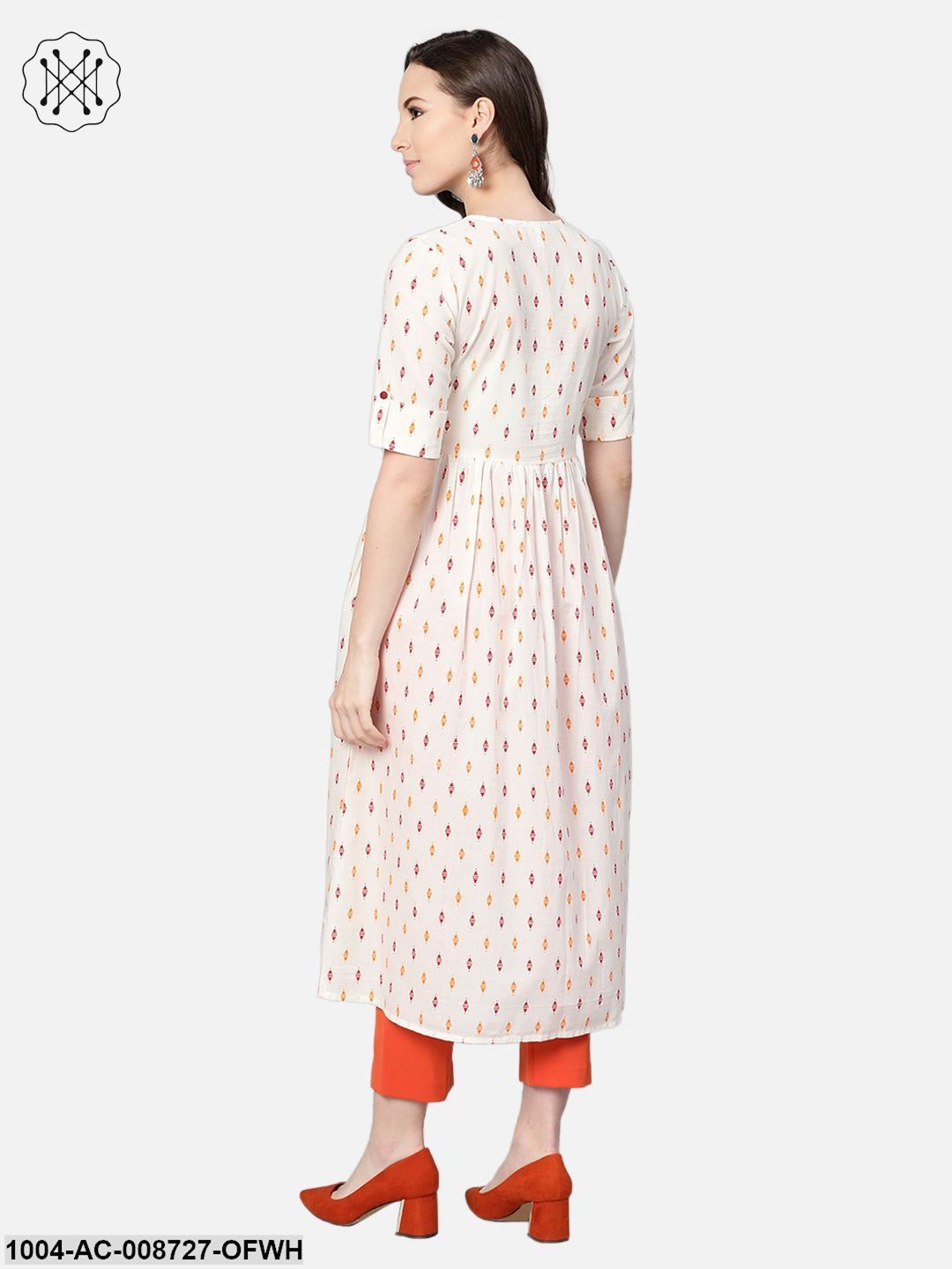 Off-white Multi coloured Geometric Printed Maxi dress with Front Placket & Half sleeves