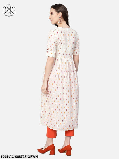 Off-white Multi coloured Geometric Printed Maxi dress with Front Placket & Half sleeves