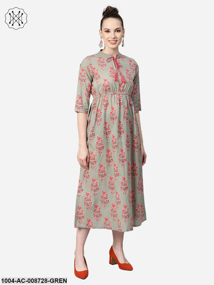 Sage Green Printed Maxi Dress with Mandarin Collar & 3/4 sleeves