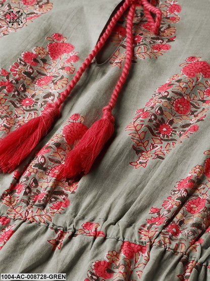 Sage Green Printed Maxi Dress with Mandarin Collar & 3/4 sleeves