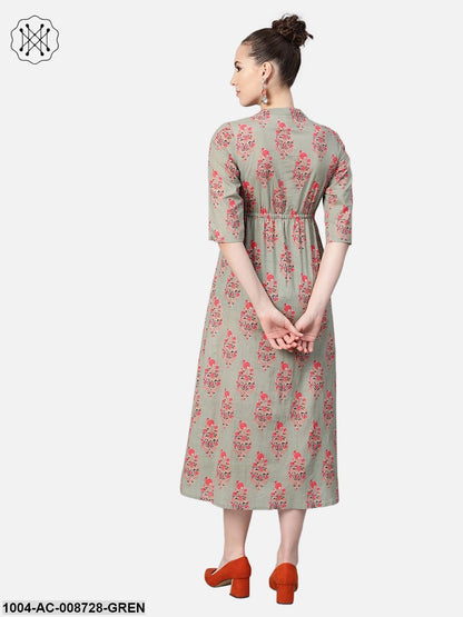 Sage Green Printed Maxi Dress with Mandarin Collar & 3/4 sleeves