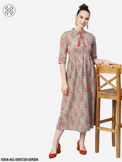 Sage Green Printed Maxi Dress with Mandarin Collar & 3/4 sleeves