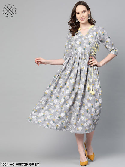 Grey Floral printed Multi coloured Maxi dress with Mandarin collar & 3/4 sleeves