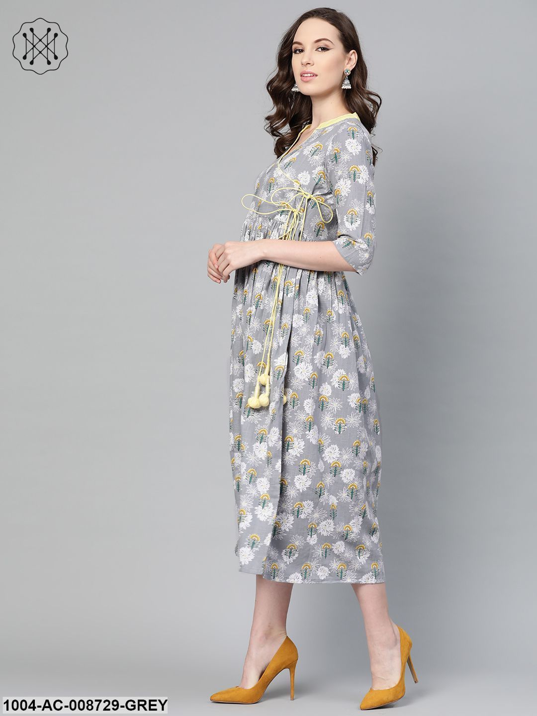 Grey Floral printed Multi coloured Maxi dress with Mandarin collar & 3/4 sleeves