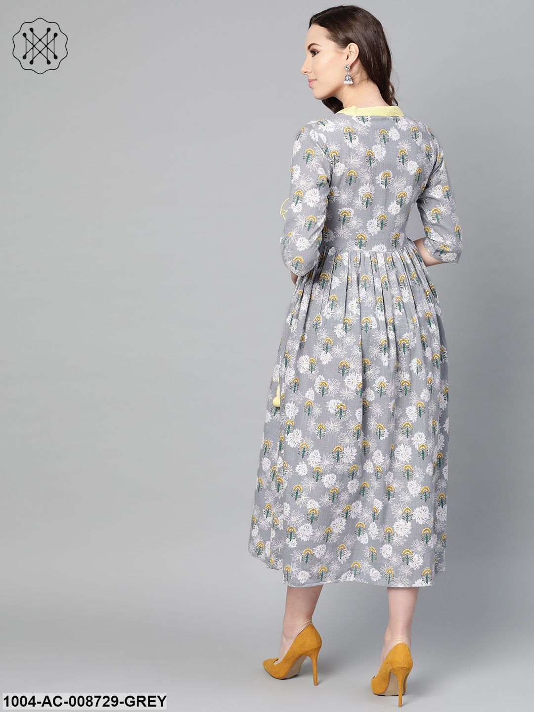Grey Floral printed Multi coloured Maxi dress with Mandarin collar & 3/4 sleeves