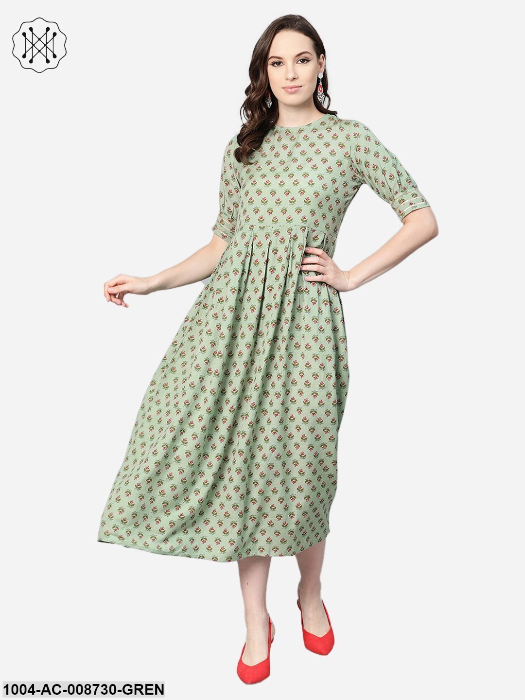 Green Floral printed Maxi dress with Round Neck & gota detailing on sleeves