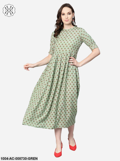Green Floral printed Maxi dress with Round Neck & gota detailing on sleeves