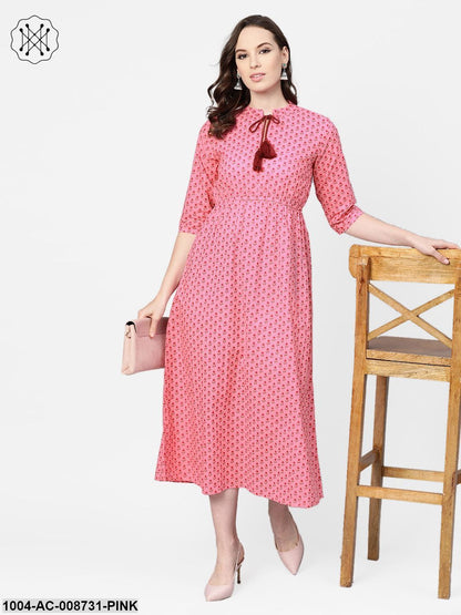 Pink Floral Printed Maxi dress with Chinese collar & 3/4 sleeves