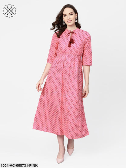 Pink Floral Printed Maxi dress with Chinese collar & 3/4 sleeves