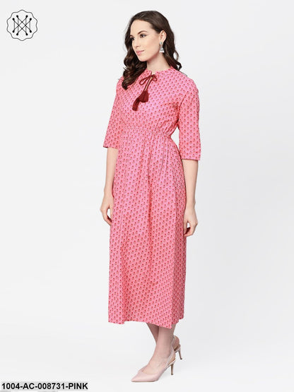 Pink Floral Printed Maxi dress with Chinese collar & 3/4 sleeves