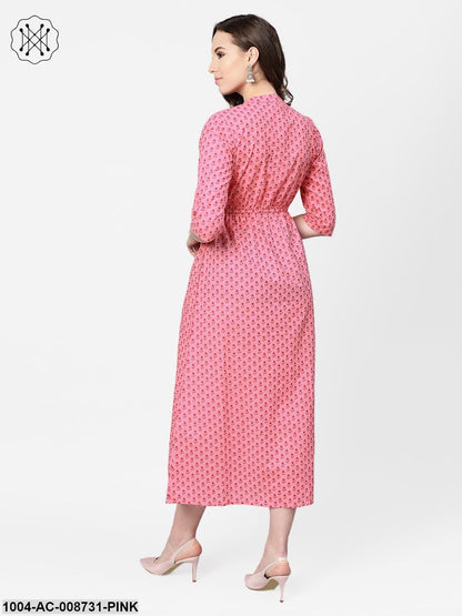 Pink Floral Printed Maxi dress with Chinese collar & 3/4 sleeves