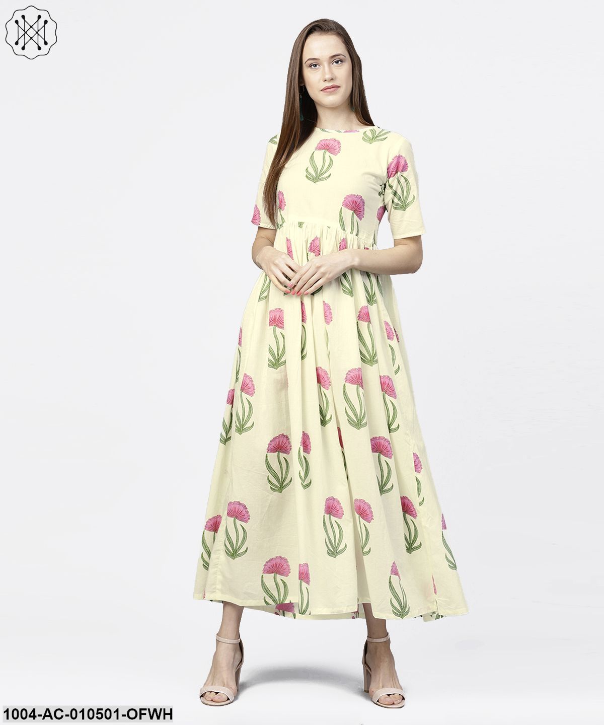 Off White Floral Printed Half Sleeve Cotton Maxi Dress