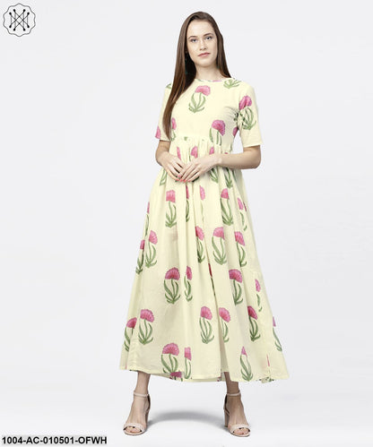 Off White Floral Printed Half Sleeve Cotton Maxi Dress