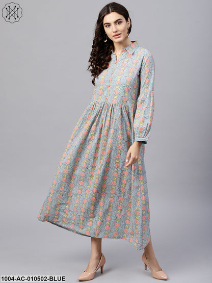 Powder Blue Printed Maxi Dress With Shirt Collar And Full Sleeves