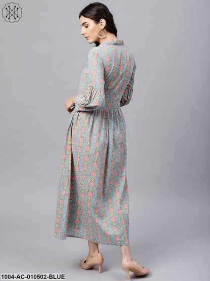 Powder Blue Printed Maxi Dress With Shirt Collar And Full Sleeves