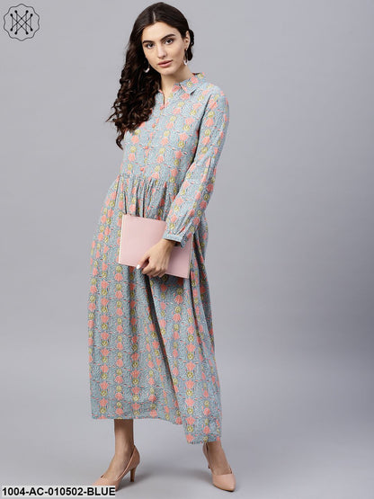 Powder Blue Printed Maxi Dress With Shirt Collar And Full Sleeves